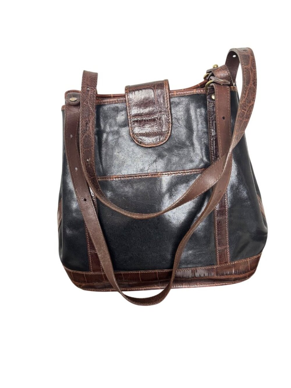 Vintage Brahmin Tuscan Melbourne Bucket Bag Black Leather Brown Embossed Trim - Picture 2 of 5